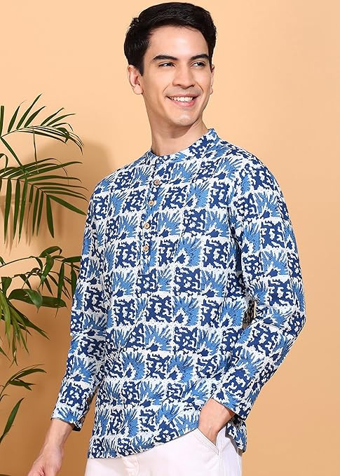 Yash Gallery Men's Cotton Regular Fit Geometrical Printed Mandarin Collar Full Sleeves Short Kurta