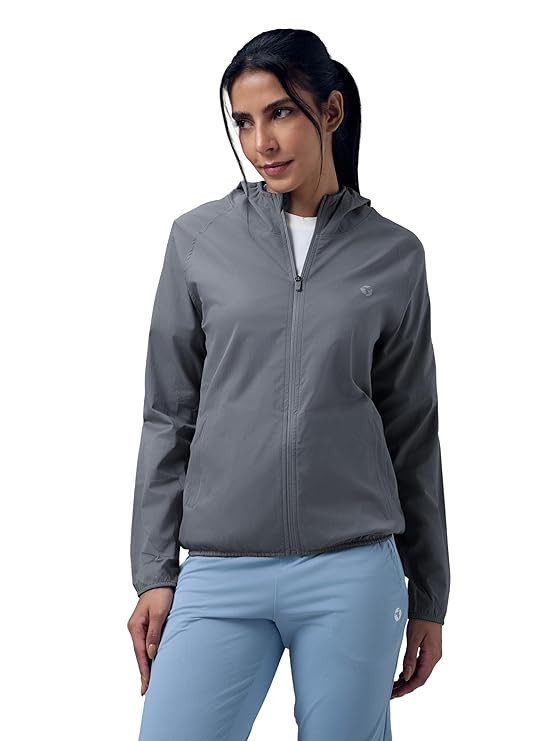 TECHNOSPORT Women's Regular Fit Solid Hooded Neck Jacket With Ts Flexi, UPF50+ for Sports, Gym & Regular Use