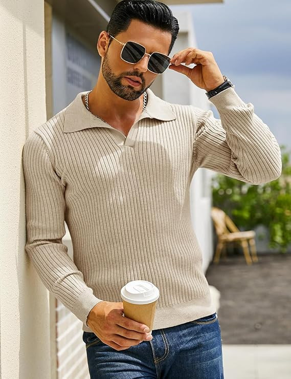 DENIMHOLIC Men's Cotton Full Sleeve Collar Polo Sweater for Men, Rib Knitted Sweaters for Men Winter Sweater for Man