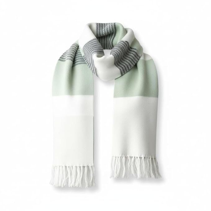THE MIGHTY ONE Men's & Women's Pure Wool Striped Winter Scarf | Ultra-Soft Warm Knitted Muffler with Fringe Tassels | Beige & White Colorblock Design