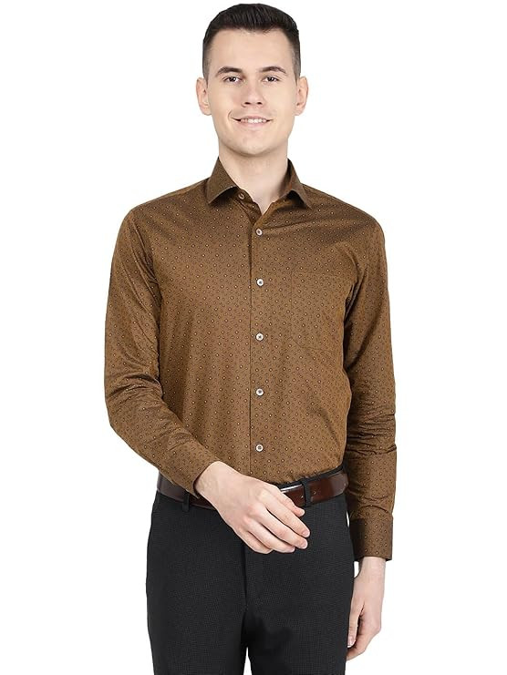 Greenfibre Men's Printed Khaki Cotton Blend Slim Fit Formal Shirt