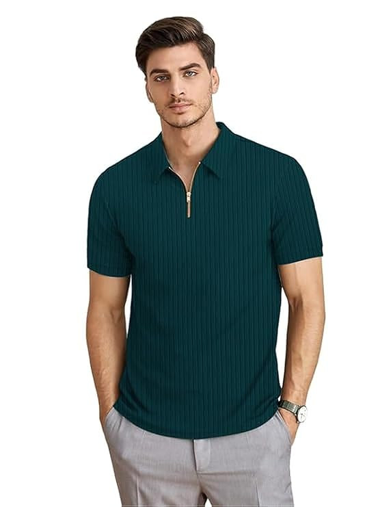 KAJARU Men's Polyster Blend Regular Fit T-Shirt with Half Sleeve Chain Polo Collar V-Neck Standard Length and Classic Style