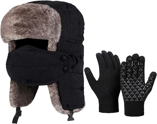 SATINIOR 2 Pcs Winter Trapper Hat and Gloves for Men Warm Ushanka Hat with Ear Flaps Mask Hunting Fuzzy Cap Touchscreen Glove